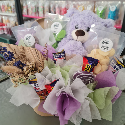 Mint & Lilac Teddy & Sweet Gift Box Bouquet