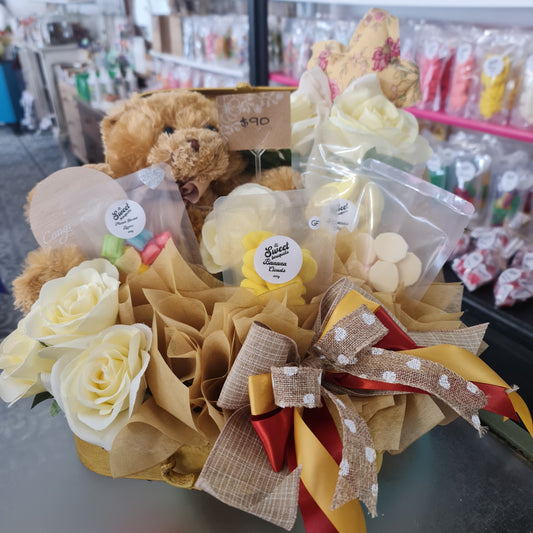 Yellow Hand Painted Suitcase & Teddy Treat Gift Box Bouquet
