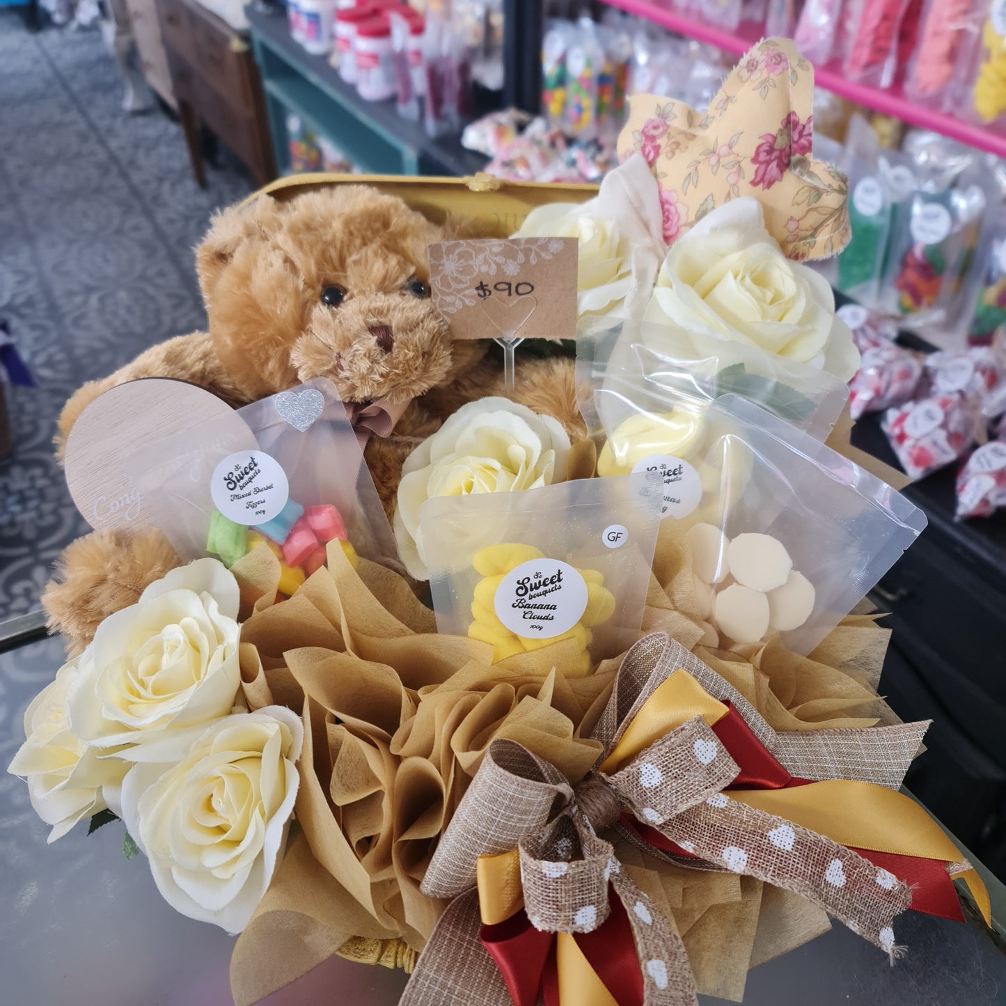 Yellow Hand Painted Suitcase & Teddy Treat Gift Box Bouquet