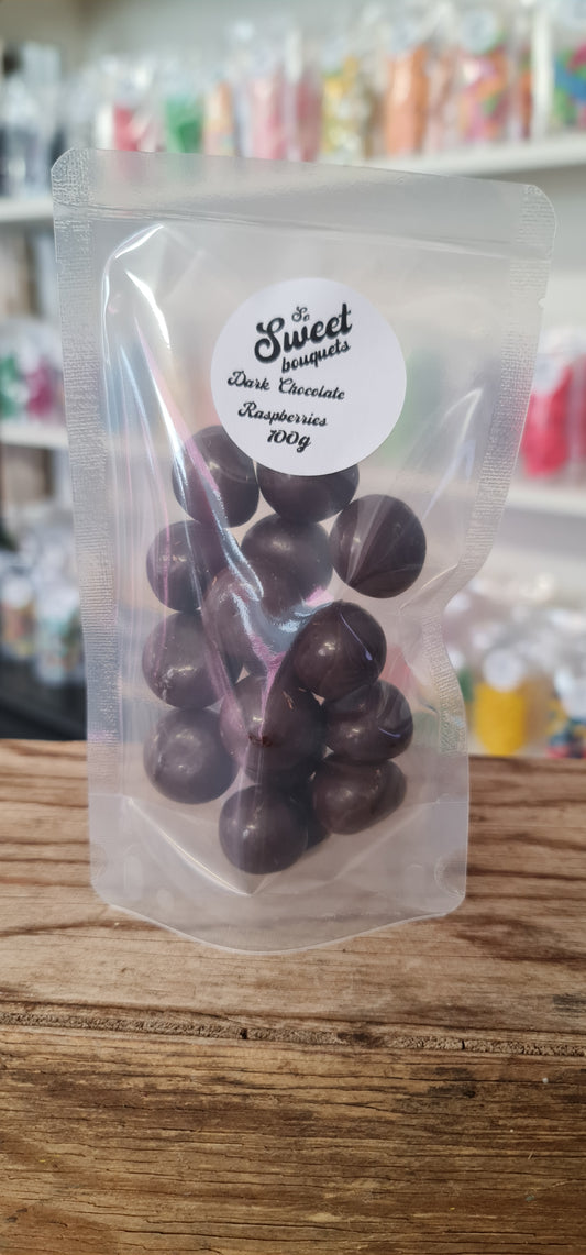 Dark Chocolate Raspberries (100g)